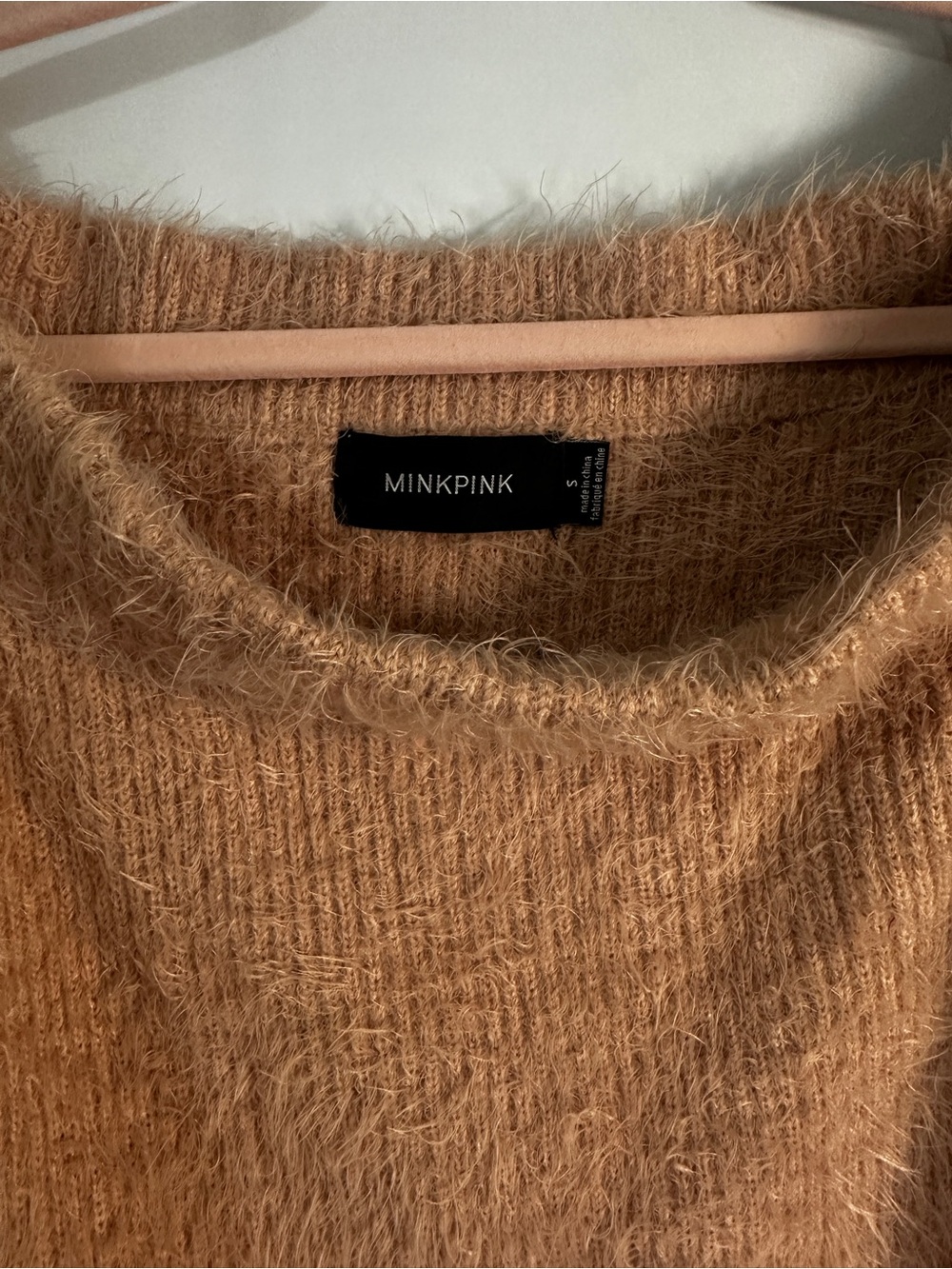 MINKPINK Fuzzy Crewneck Sweater in peach/pink